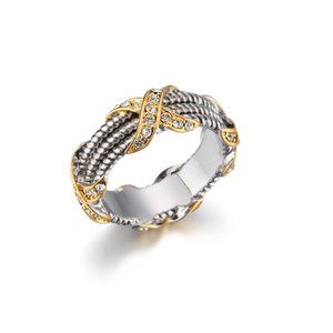 TWO TONE-PAVE CRYSTAL “X'” RING ALL AROUND SILVER